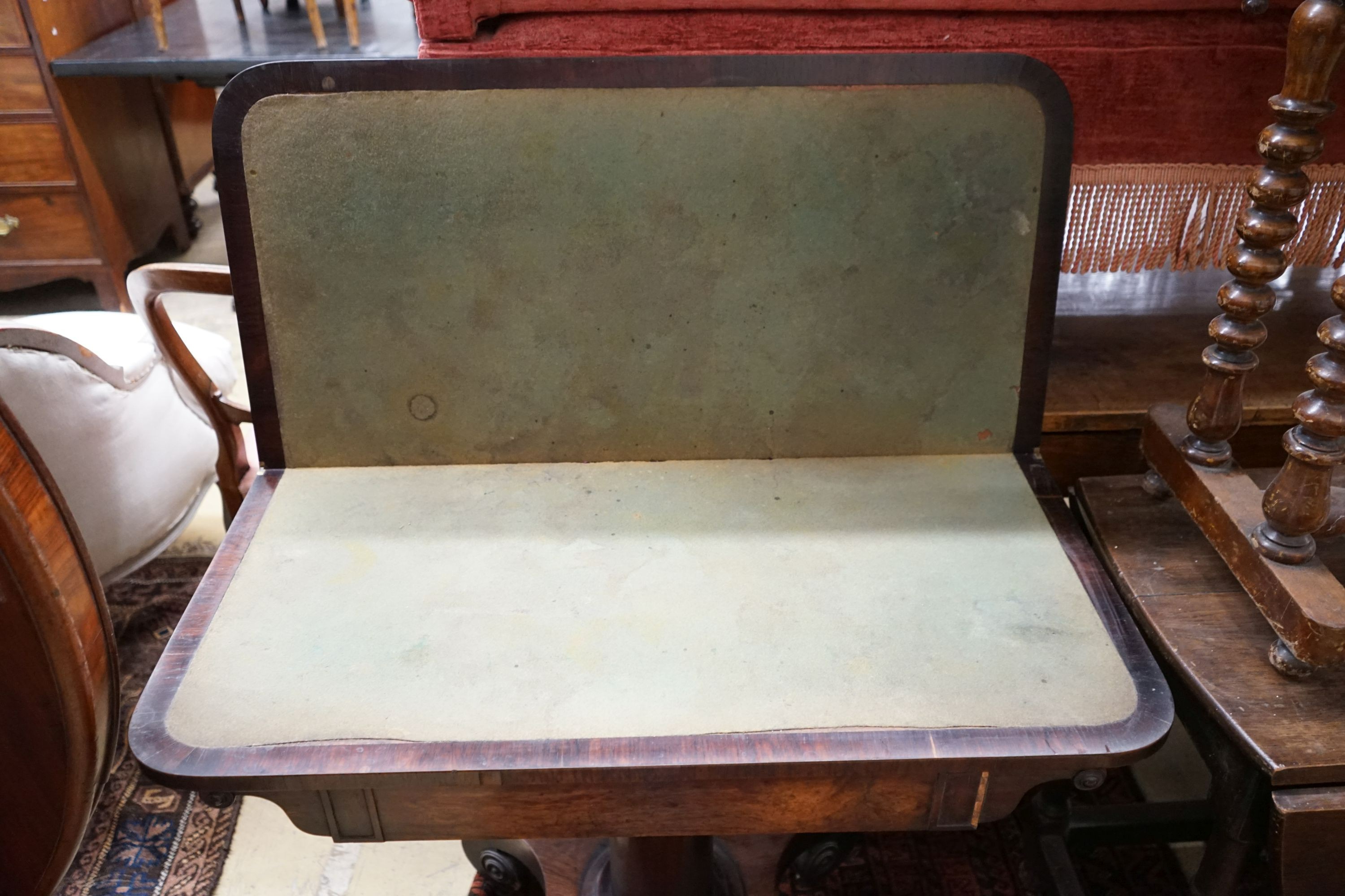 A Victorian rectangular rosewood card table, width 92cm, depth 45cm, height 74cm